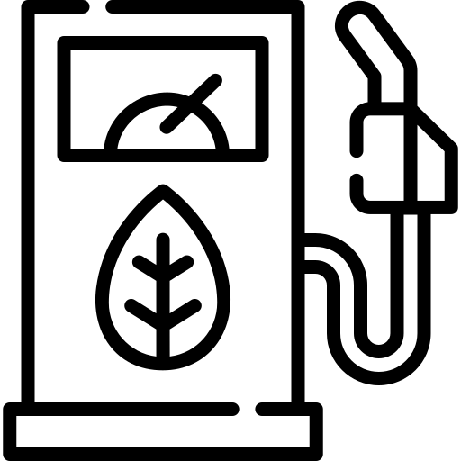 A black and white illustration of a fuel pump with a leaf icon on the front.