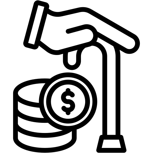 A black and white illustration of a hand on top of a walking stick with coins underneath.