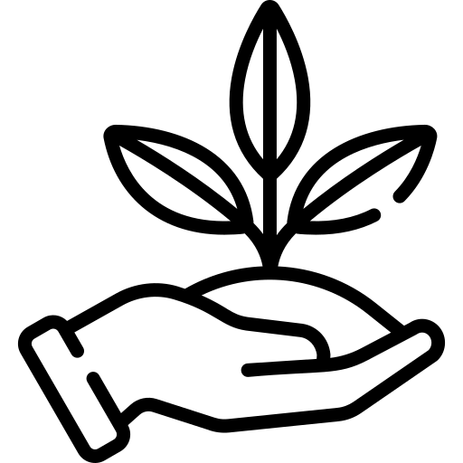 A black and white illustration of an open palm holding a new plant.